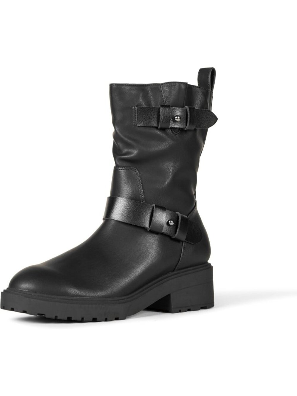 Women's Black Faux Leather Round Toe Cropped Biker Block Heel Mid Calf Bootie